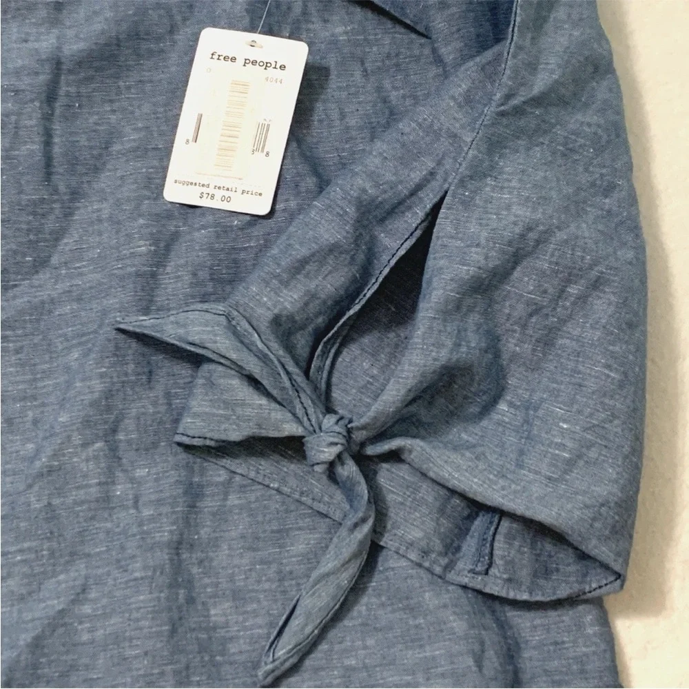 NEW Free People Women's Off Shoulder Long Sleeve Chambray Linen Blend Top Blue S - Picture 8 of 16